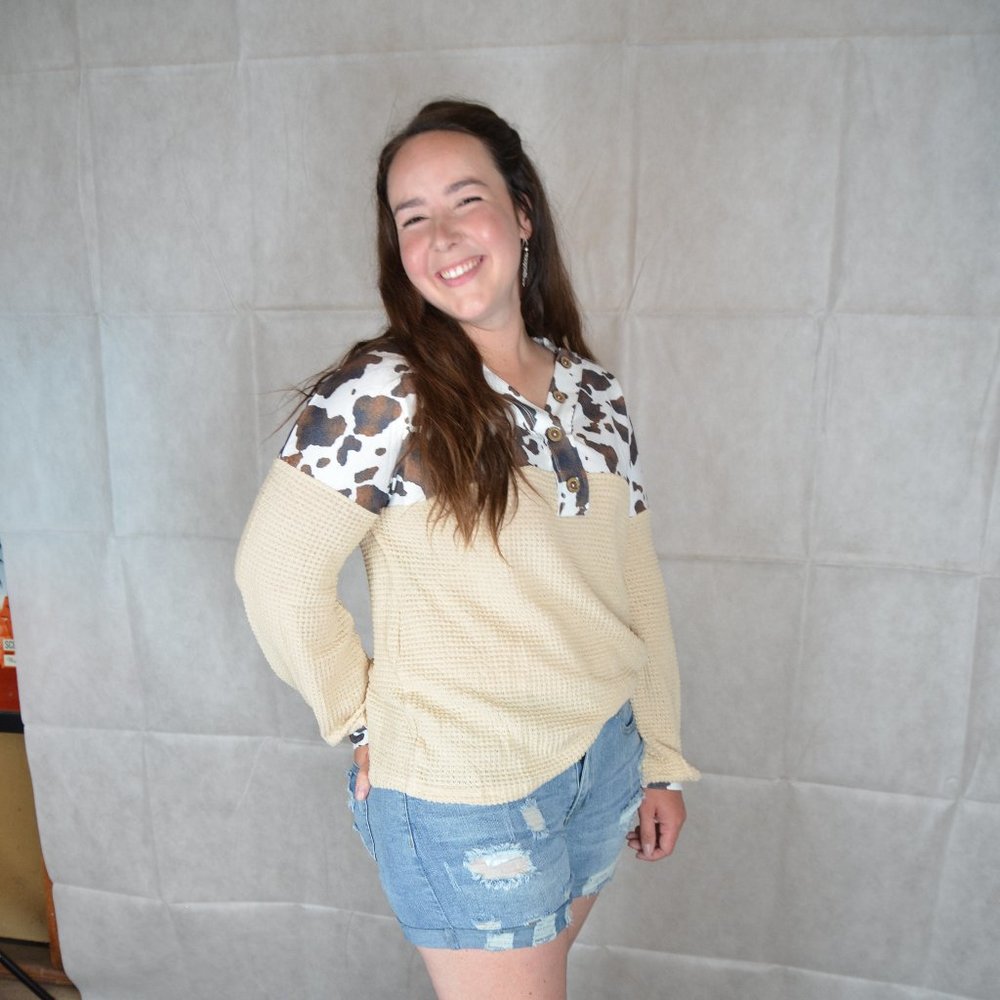Cow Print Quarter Button Waffle Knit Top